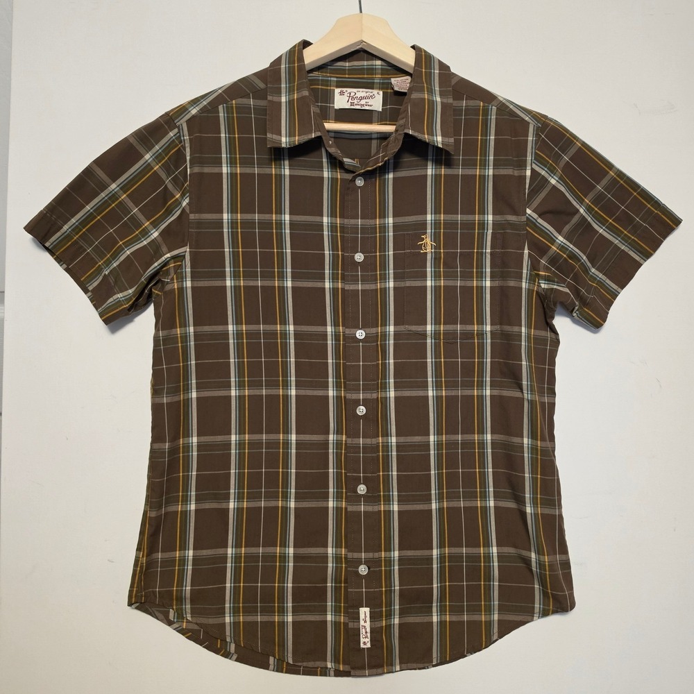 Original Penguin Plaid Short Sleeve Button Down Shirt Brown XL